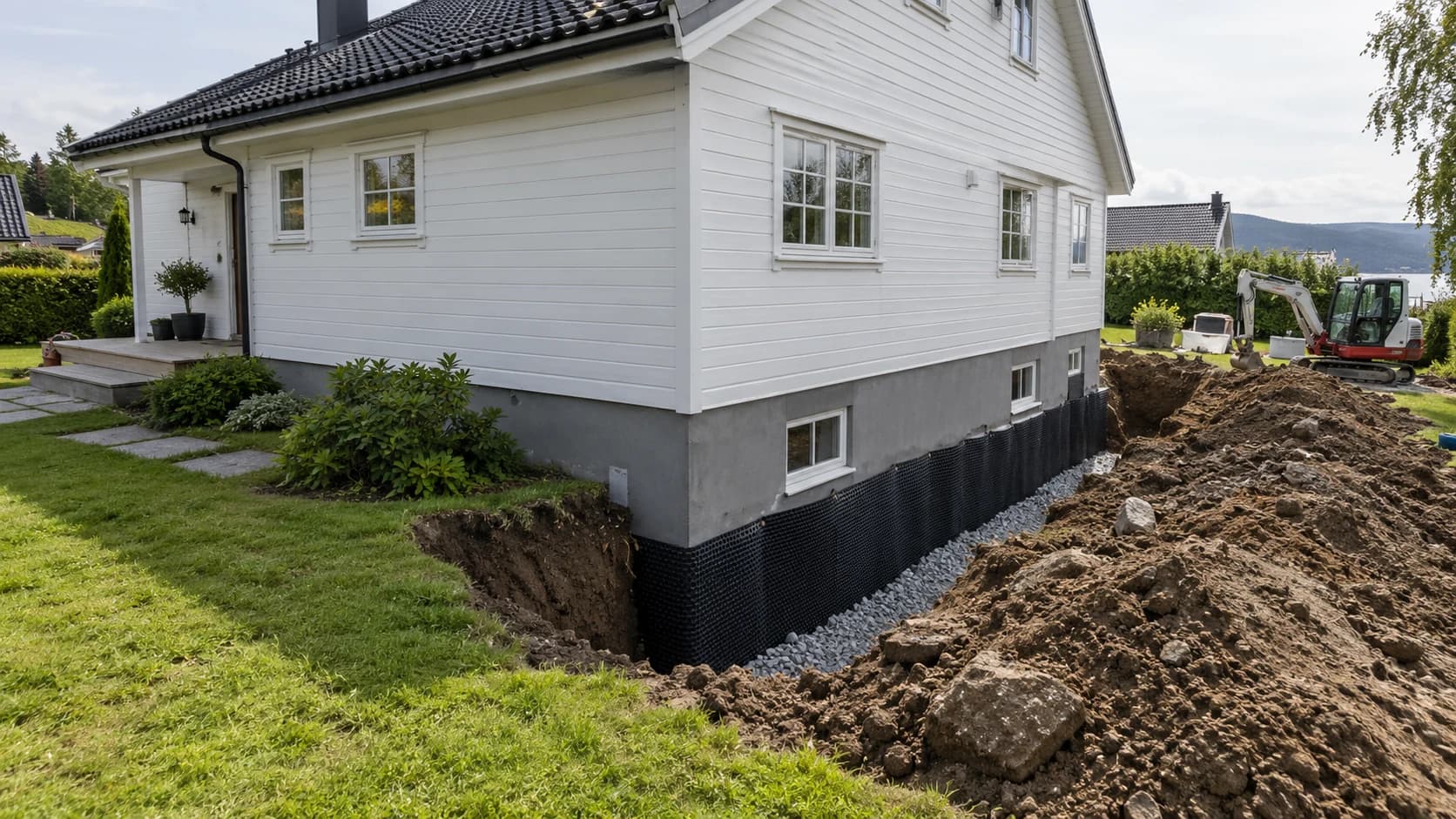 Dreneringsarbeid ved et norsk trehus, med åpen grøft og liten gravemaskin.