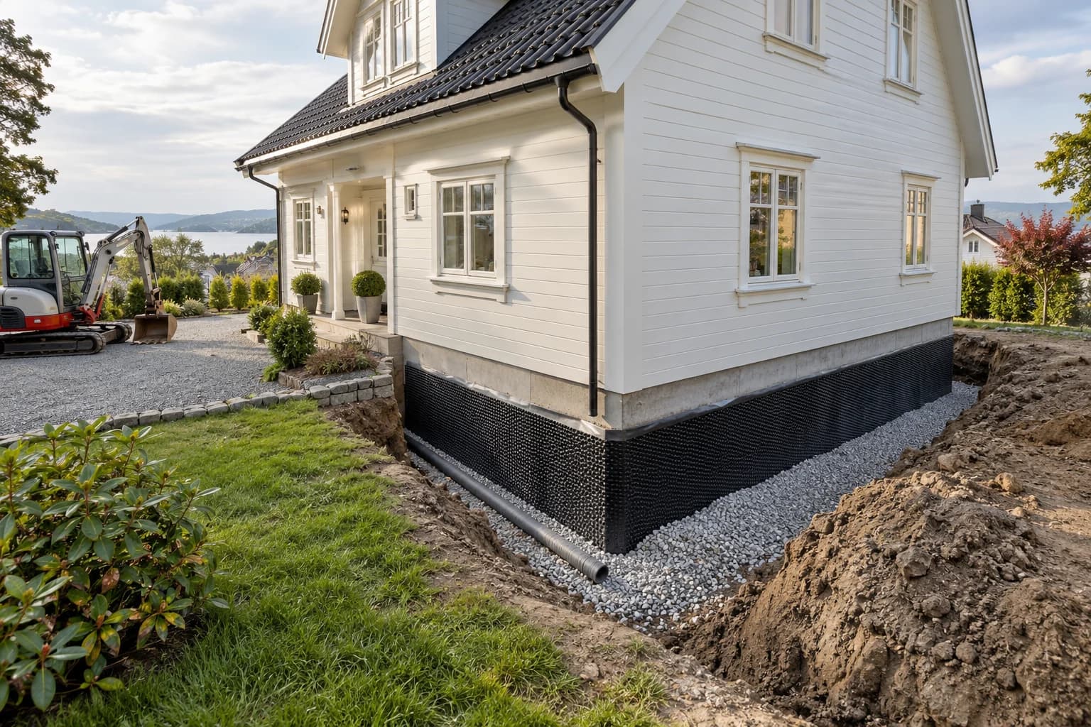 KI-generert motiv: drenering rundt et hvitt trehus, med gruslagt innkjørsel og gravemaskin.